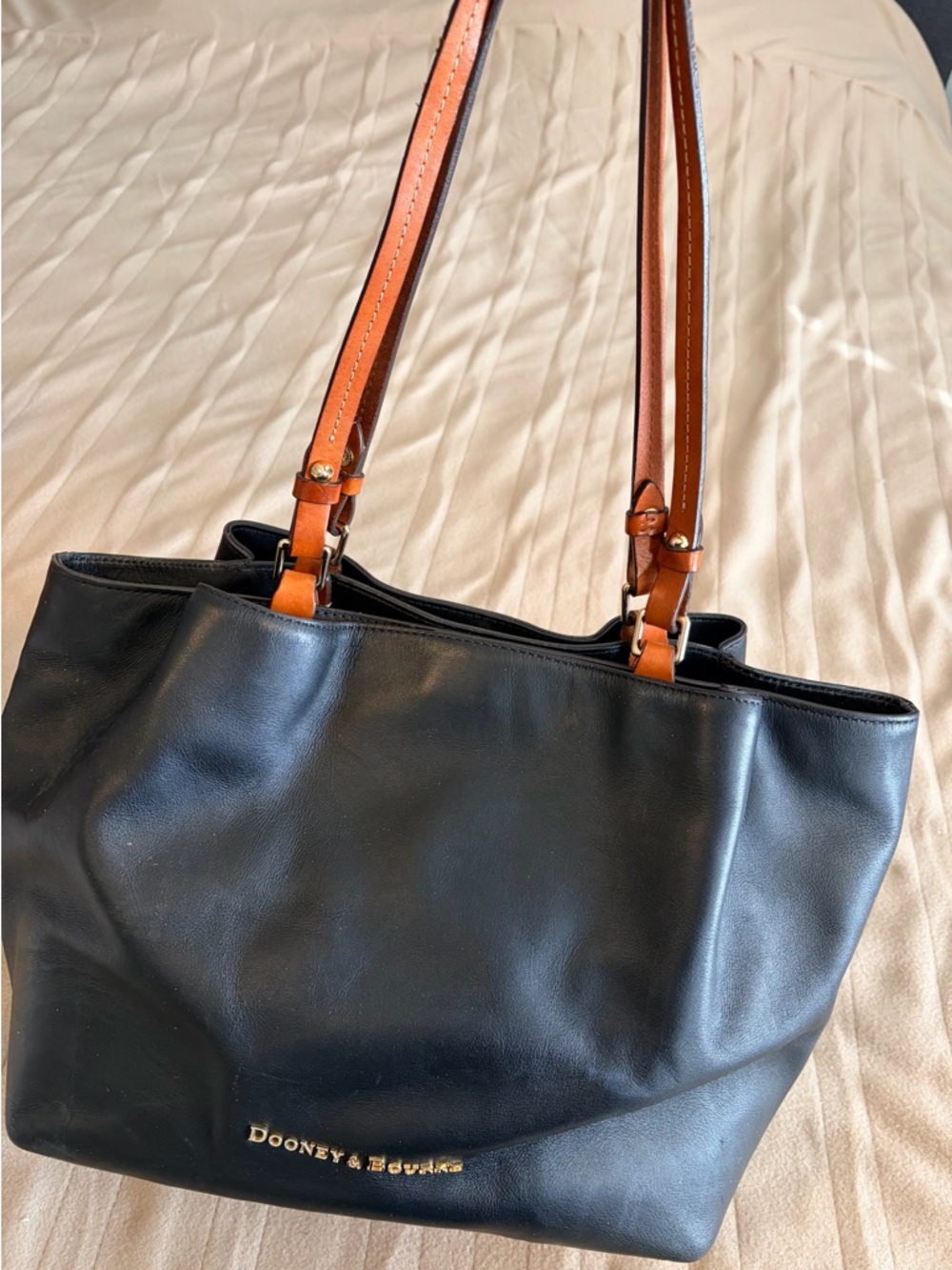 Dooney & Bourke Black Leather Tote with Brown Straps